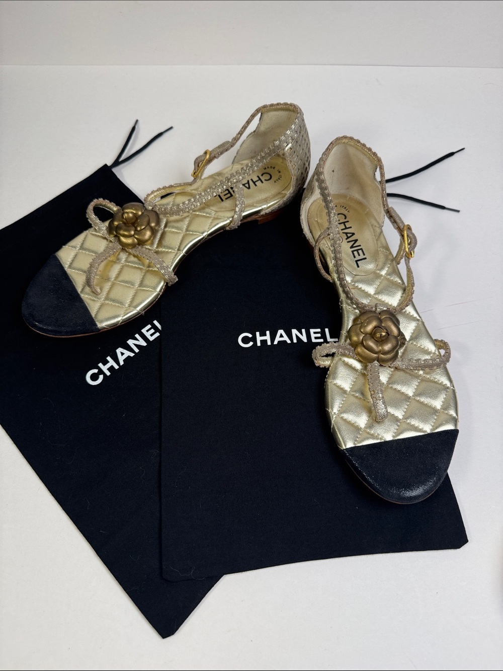 Chanel Gold Quilted CC Camelia Sandals